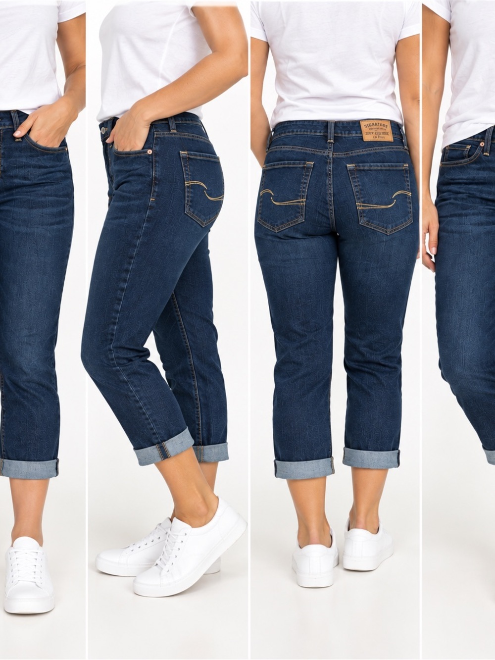 Signature by Levi Strauss Dark Blue Cropped Roll-Cuff Jeans
